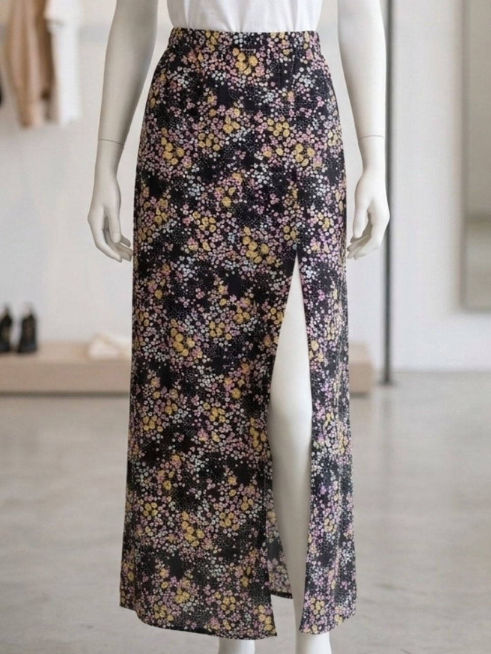 Forever 21 Black Maxi Skirt with Yellow & Pink Floral Print